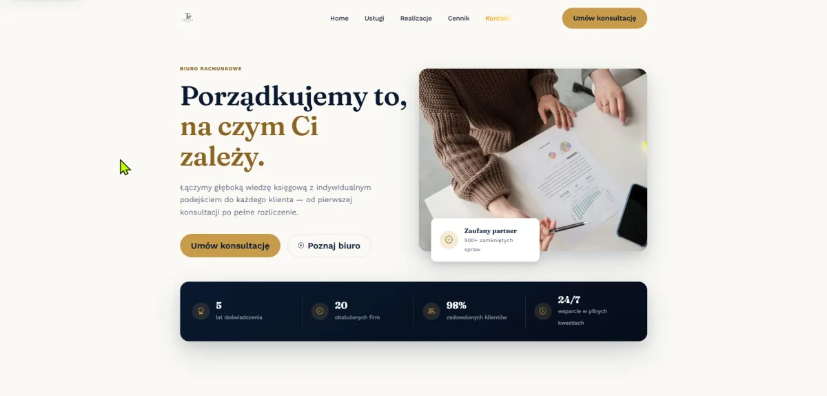 Dedykowana strona internetowa pod potrzeby Klienta, prezentująca profesjonalny wygląd i animacje, stworzona od zera, na własnym systemie CMS/CRM.